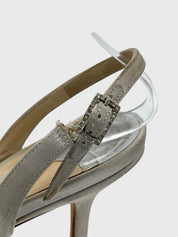 Jimmy Choo Satin Sandale mit Absatz EU 37 Metallic