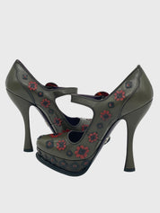 Prada Mary Jane Flower Appliqué Plateau Pump EU 37.5 Grün