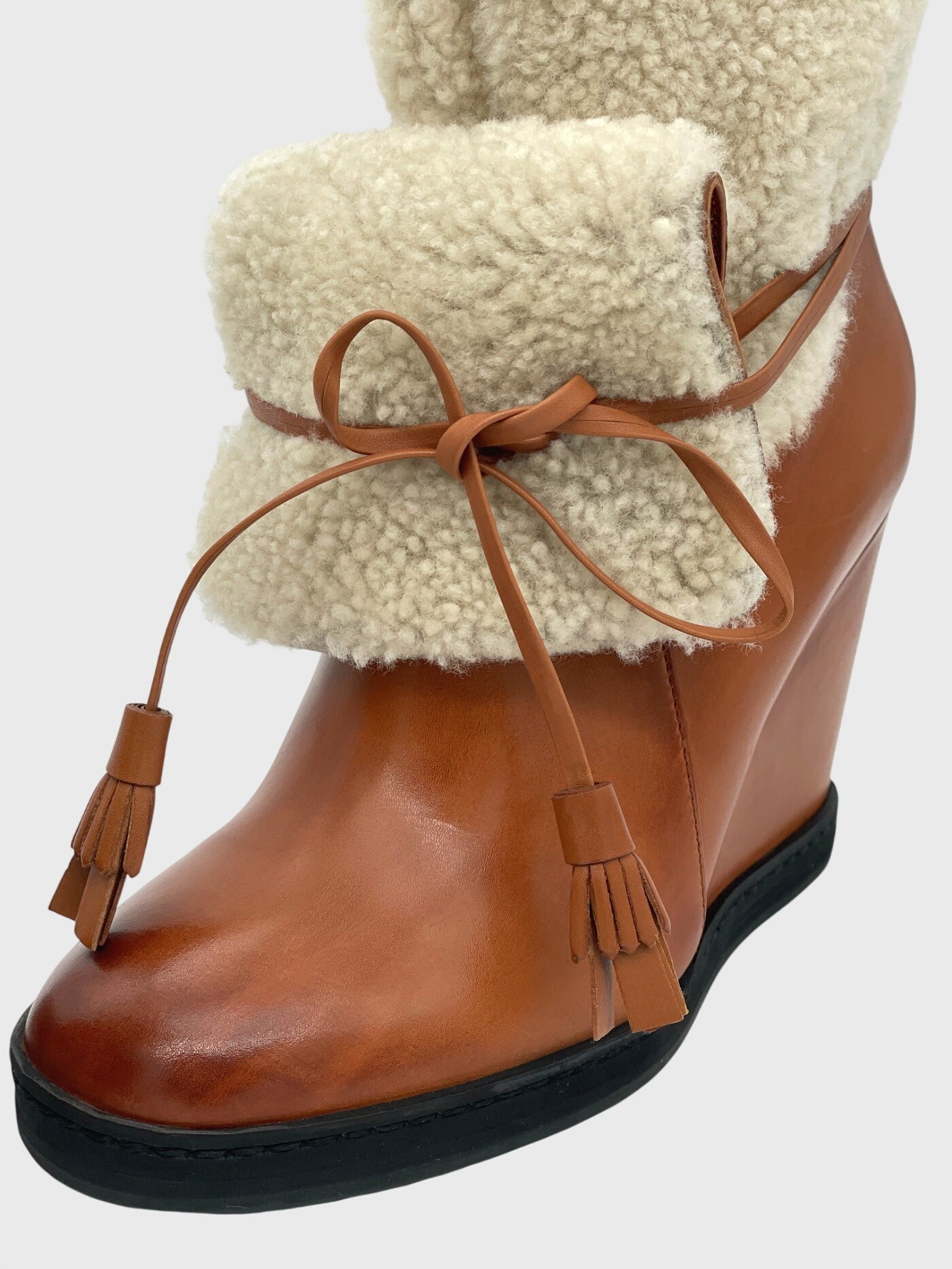Santoni Shearling Wedge Ankle Boot EU 37 Braun