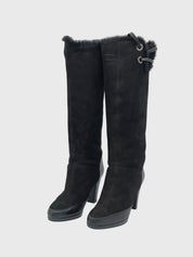 Sergio Rossi Suede Shearling Trim Stiefel EU 37.5 Schwarz - Image 3