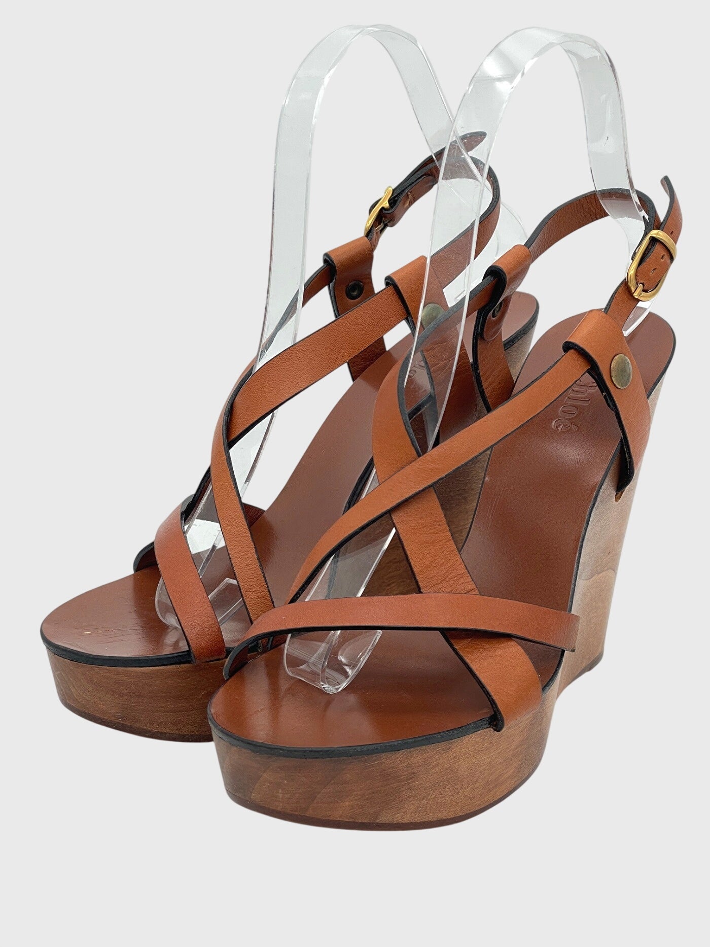 Chloé Wooden Wedge Leather Sandale mit Absatz EU 37 Braun - Image 3