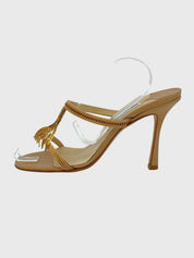 Jimmy Choo Gold Fringe Strappy Sandale mit Absatz EU 35.5 Beige