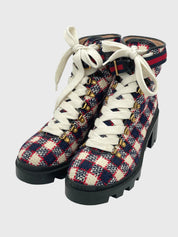 Gucci Tweed Check Lace-Up Combat Ankle Boot EU 41.5 Mehrfarbig