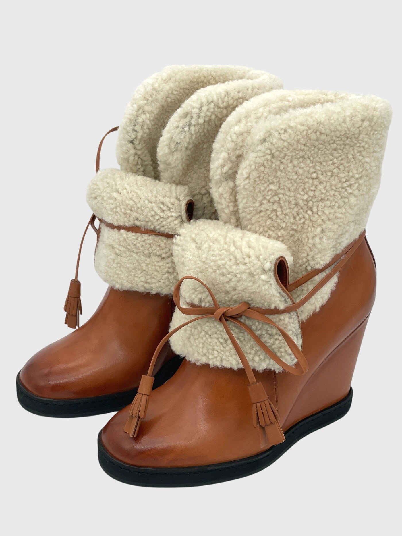 Santoni Shearling Wedge Ankle Boot EU 37 Braun