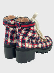 Gucci Tweed Check Lace-Up Combat Ankle Boot EU 41.5 Mehrfarbig