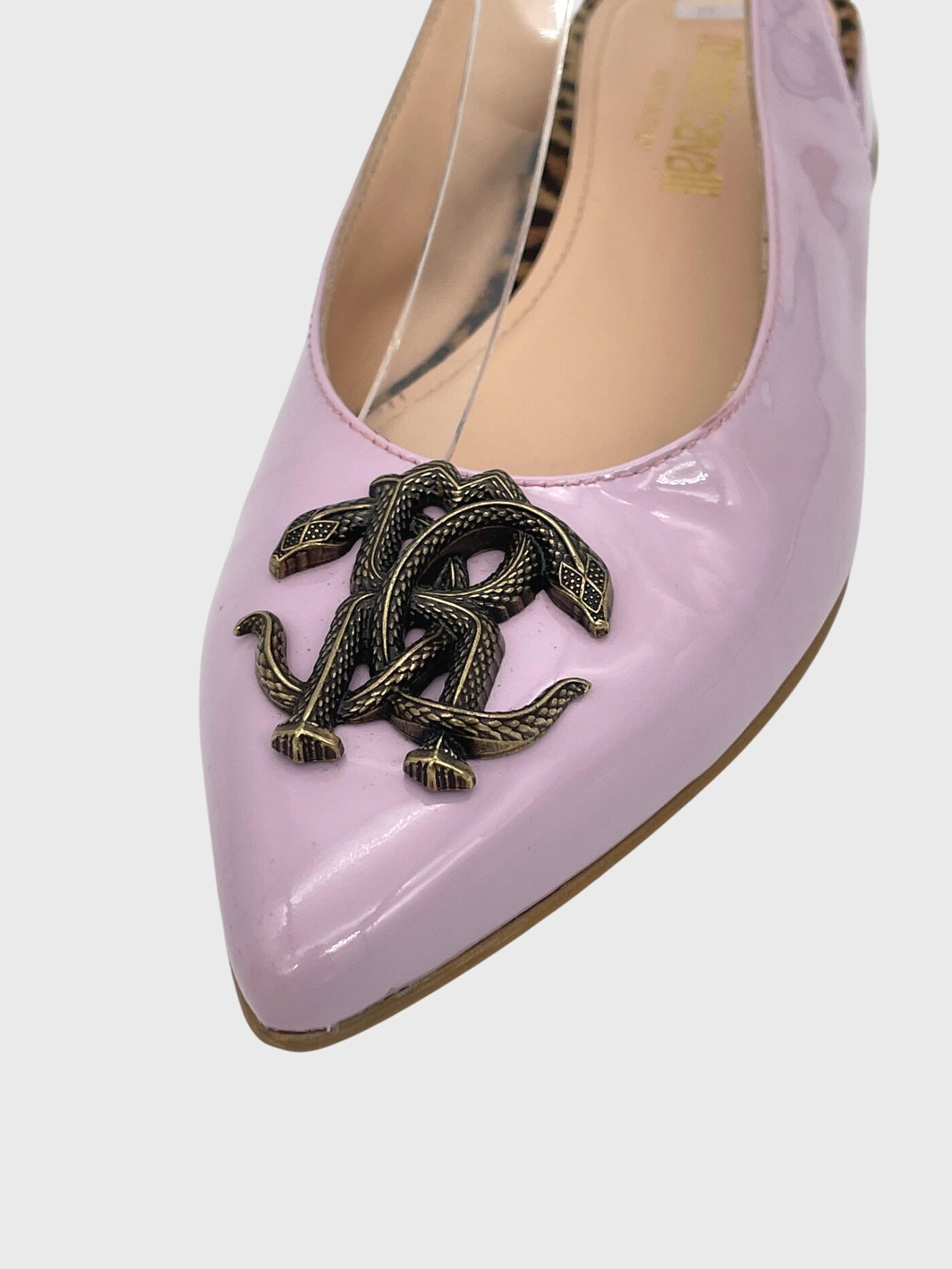 Roberto Cavalli Shoes Snake Logo Patent Slingback EU 38 Lila