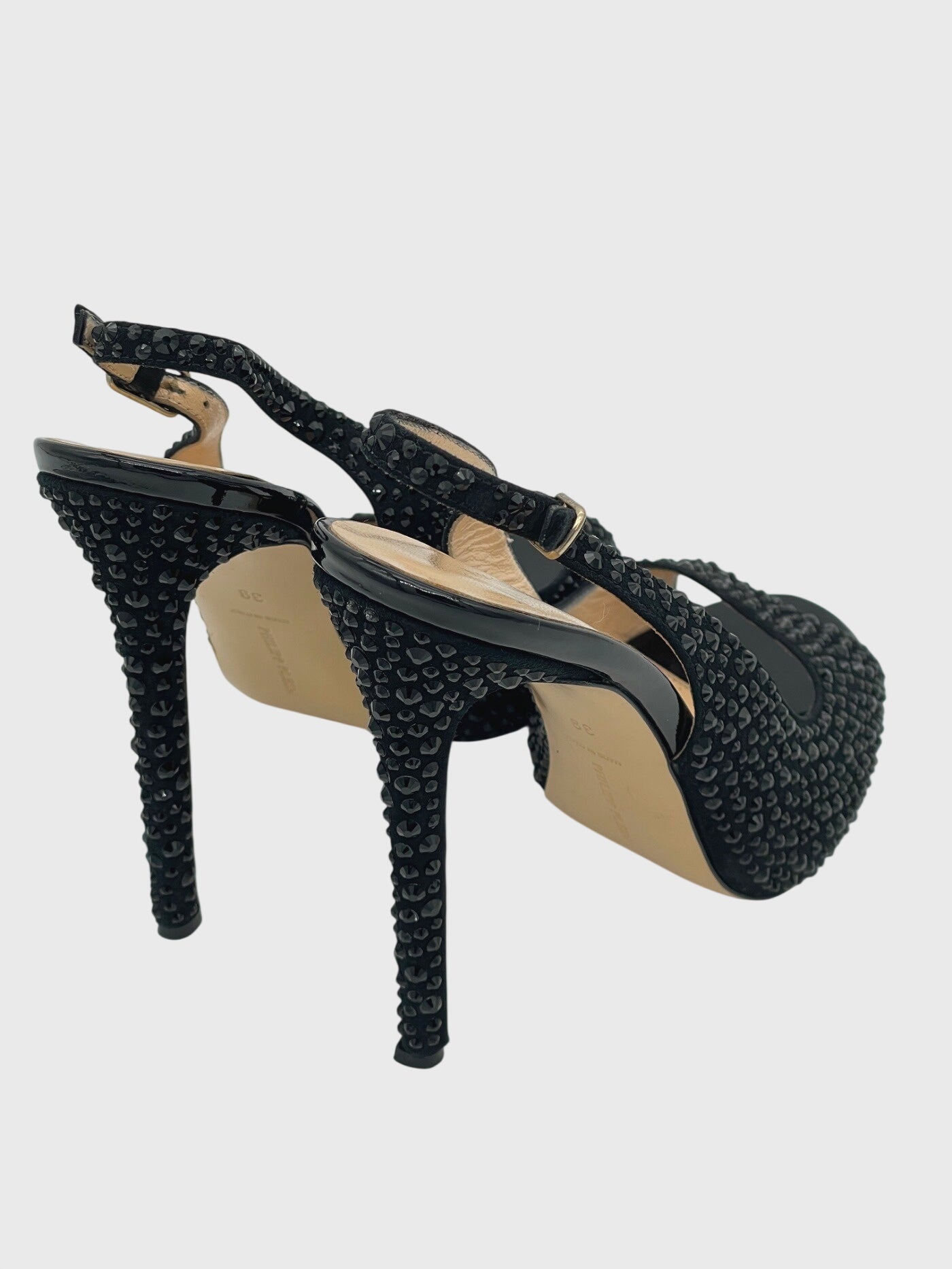 Philipp Plein Crystal Embellished Peep Toe Slingback EU 39 Schwarz