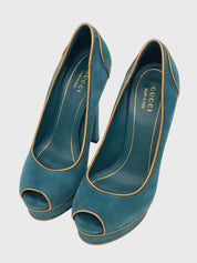 Gucci Teal Suede Peep-Toe Plateau Pump EU 37 Grün