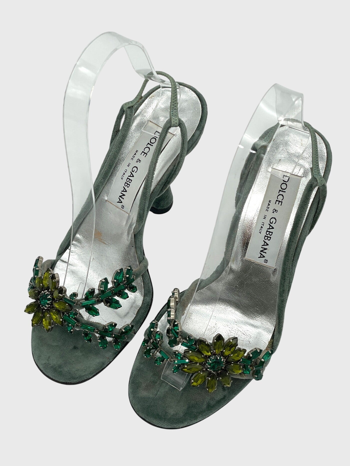 Dolce & Gabbana Crystal Flower Velvet Sandale mit Absatz EU 36 Grün