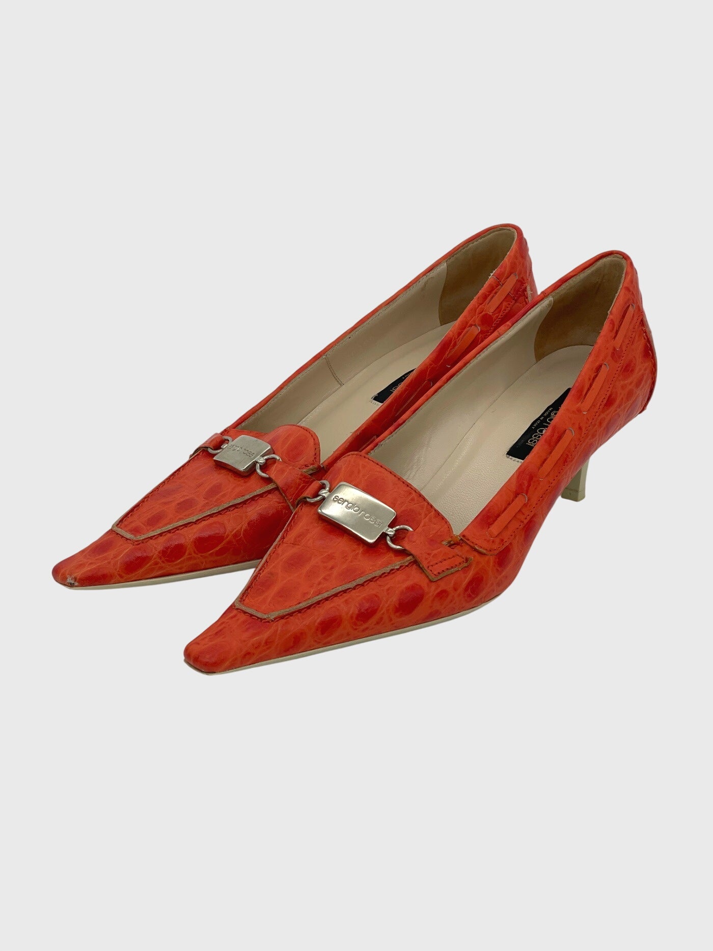 Sergio Rossi Croc-Embossed Pointed Toe Kitten Heel EU 38 Orange