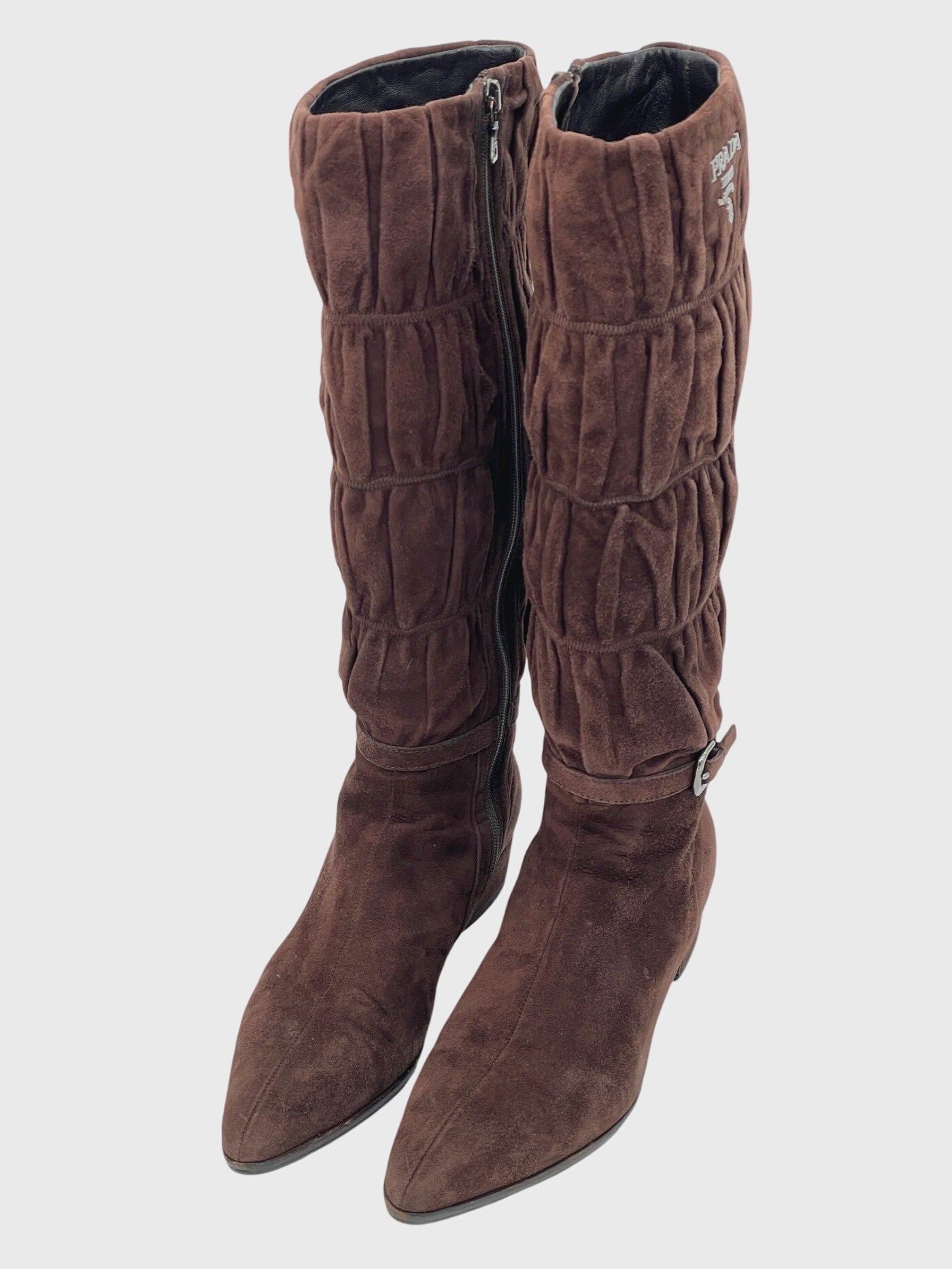 Prada Ruched Suede Buckle Stiefel EU 36.5 Braun
