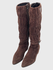 Prada Ruched Suede Buckle Stiefel EU 36.5 Braun