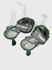 Dolce & Gabbana Crystal Flower Velvet Sandale mit Absatz EU 36 Grün