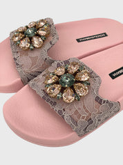 Dolce & Gabbana  Floral Lace Crystal Embellished Slide Mule EU 35 Pink