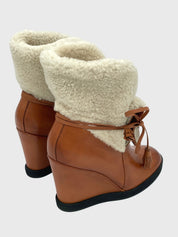 Santoni Shearling Wedge Ankle Boot EU 37 Braun