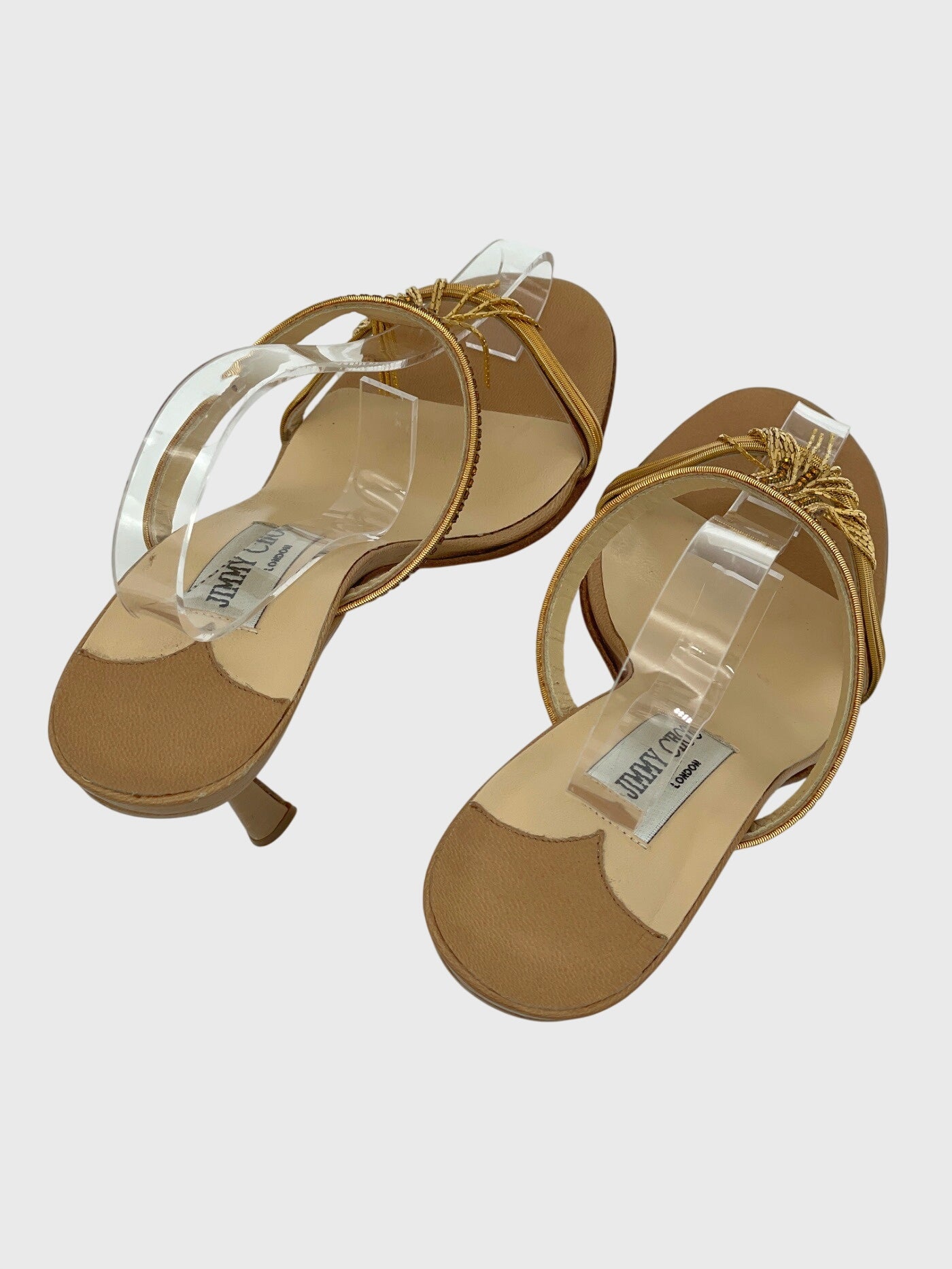 Jimmy Choo Gold Fringe Strappy Sandale mit Absatz EU 35.5 Beige