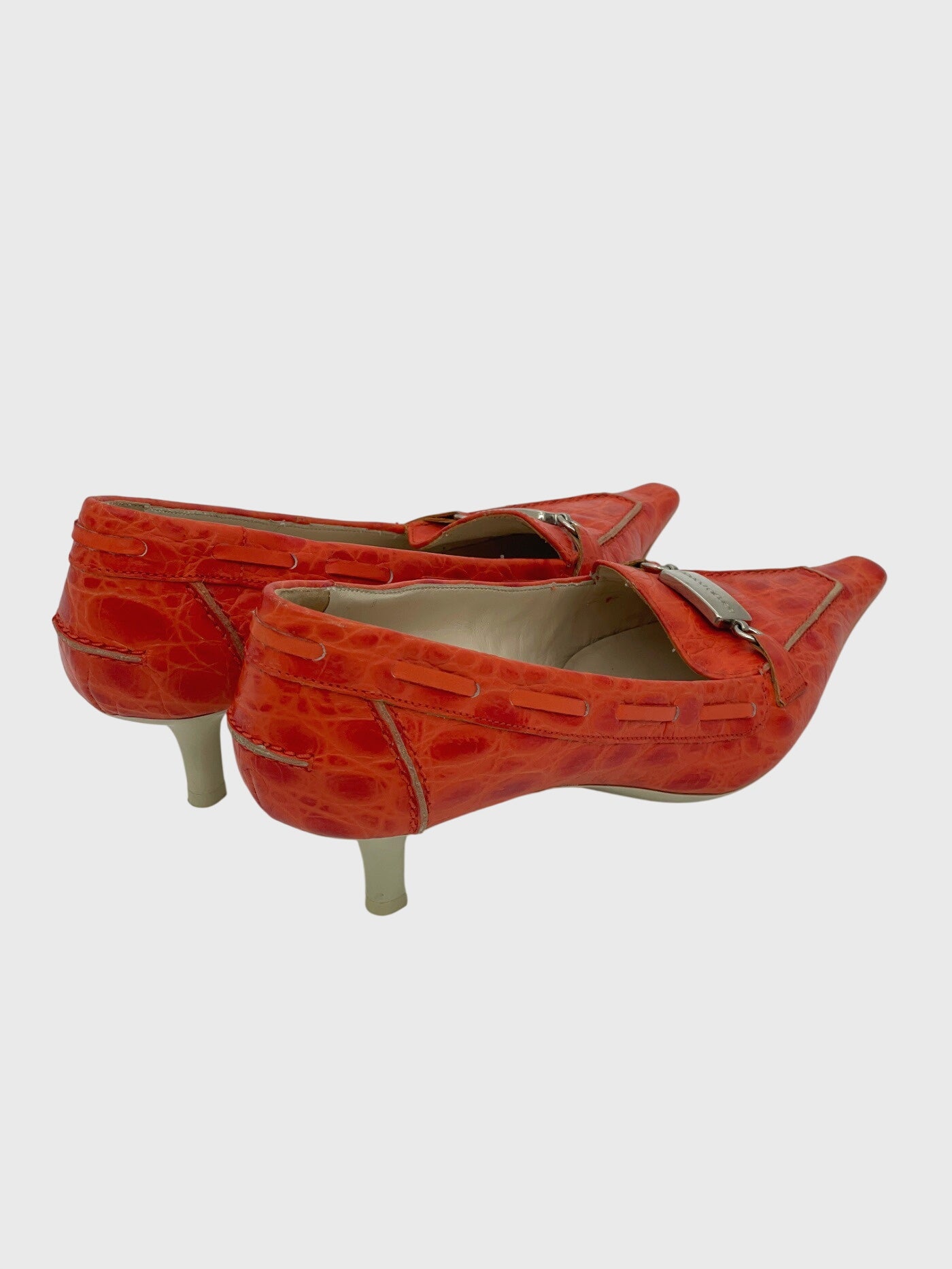 Sergio Rossi Croc-Embossed Pointed Toe Kitten Heel EU 38 Orange