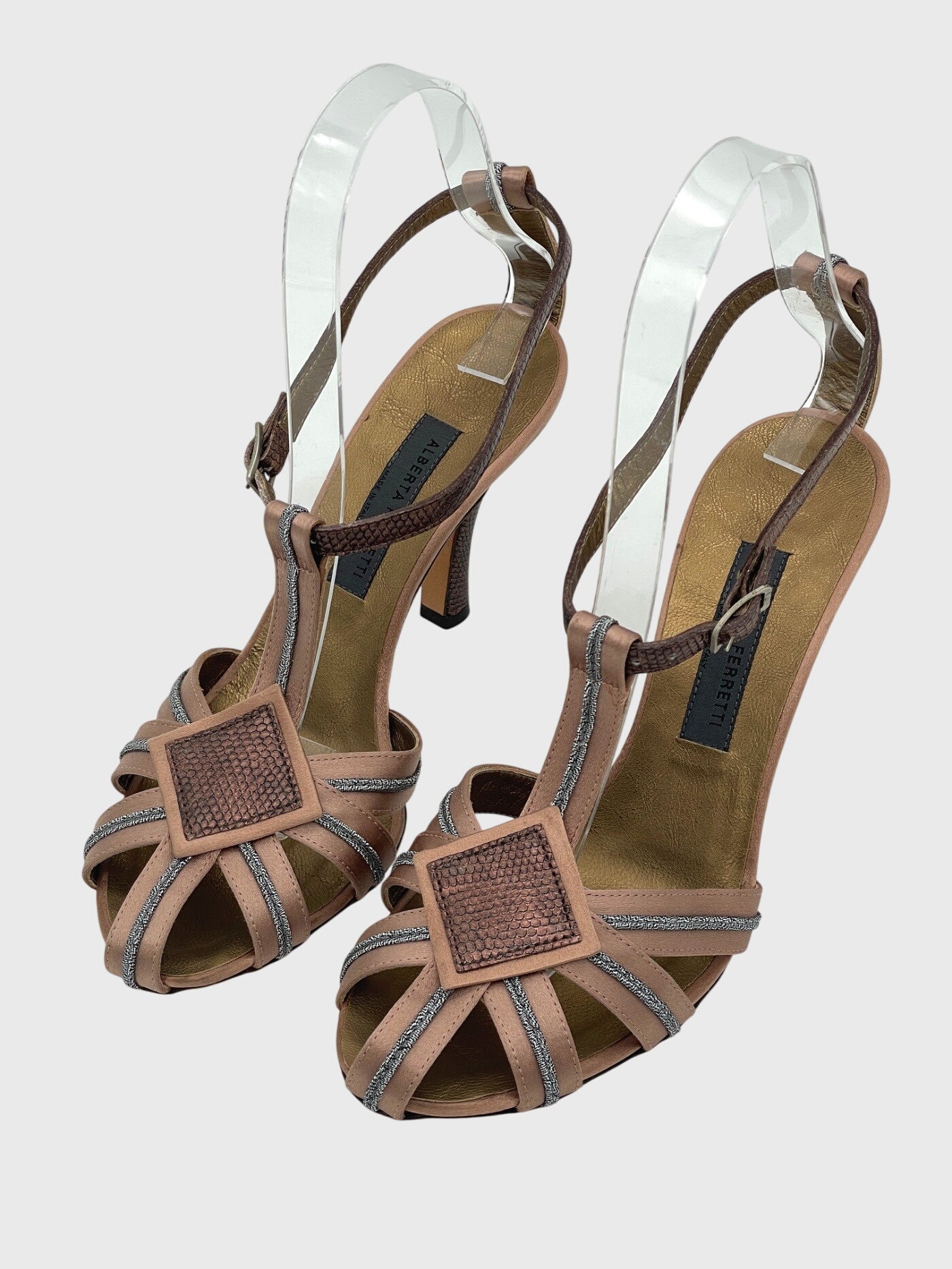 Alberta Ferretti T-Strap Snakeskin Embossed Sandale mit Absatz EU 35.5 Metallic