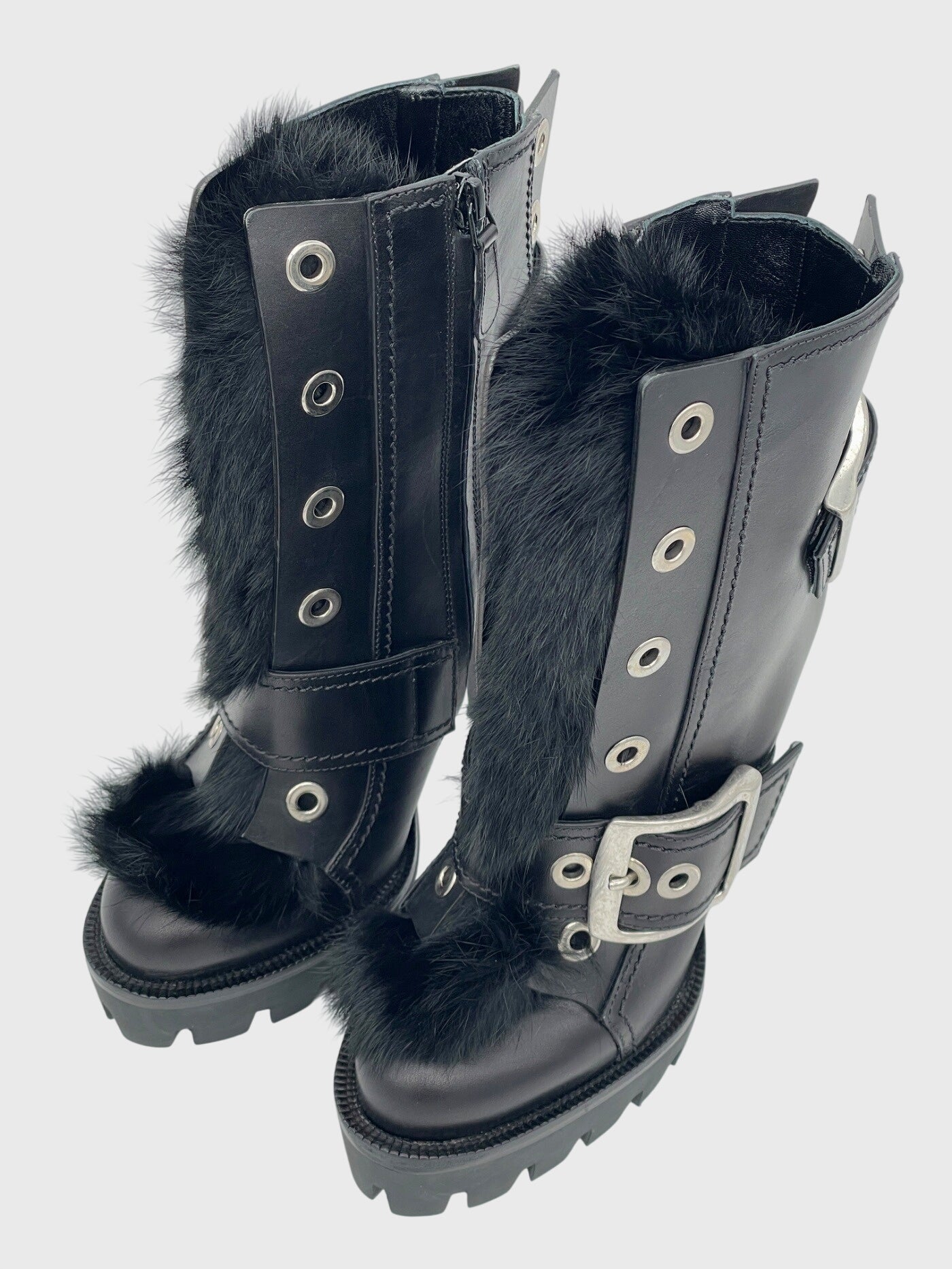 Alexander McQueen Fur-Trimmed Buckle Platform Ankle Boot EU 38 Schwarz