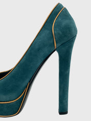 Gucci Teal Suede Peep-Toe Plateau Pump EU 37 Grün
