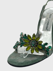 Dolce & Gabbana Crystal Flower Velvet Sandale mit Absatz EU 36 Grün