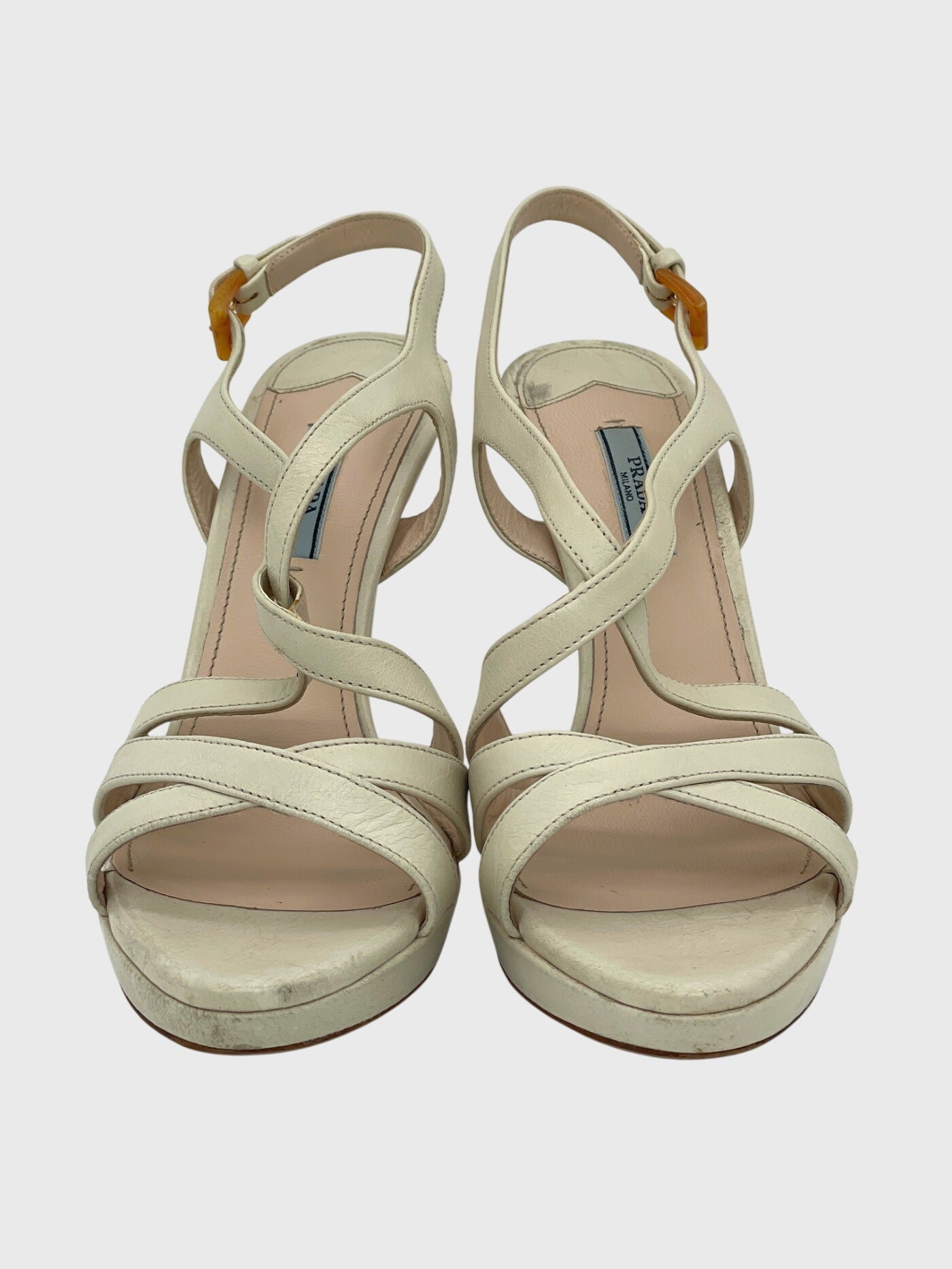 Prada Crisscross Strappy Platform Sandale mit Absatz EU 39.5 Weiß