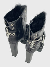 Alexander McQueen Fur-Trimmed Buckle Platform Ankle Boot EU 38 Schwarz