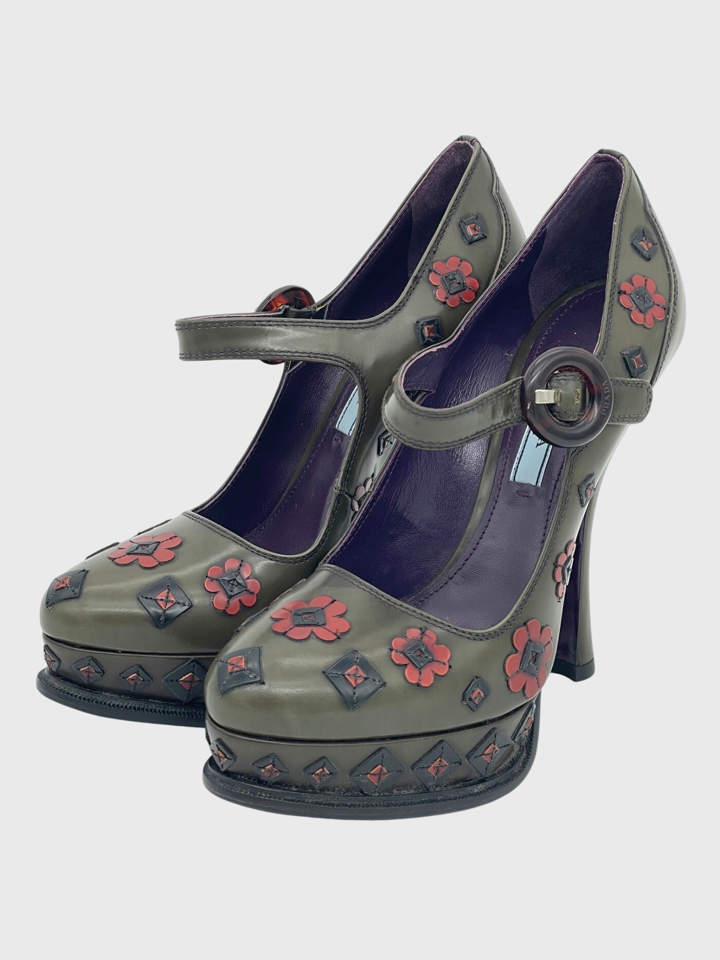 Prada Mary Jane Flower Appliqué Plateau Pump EU 37.5 Grün