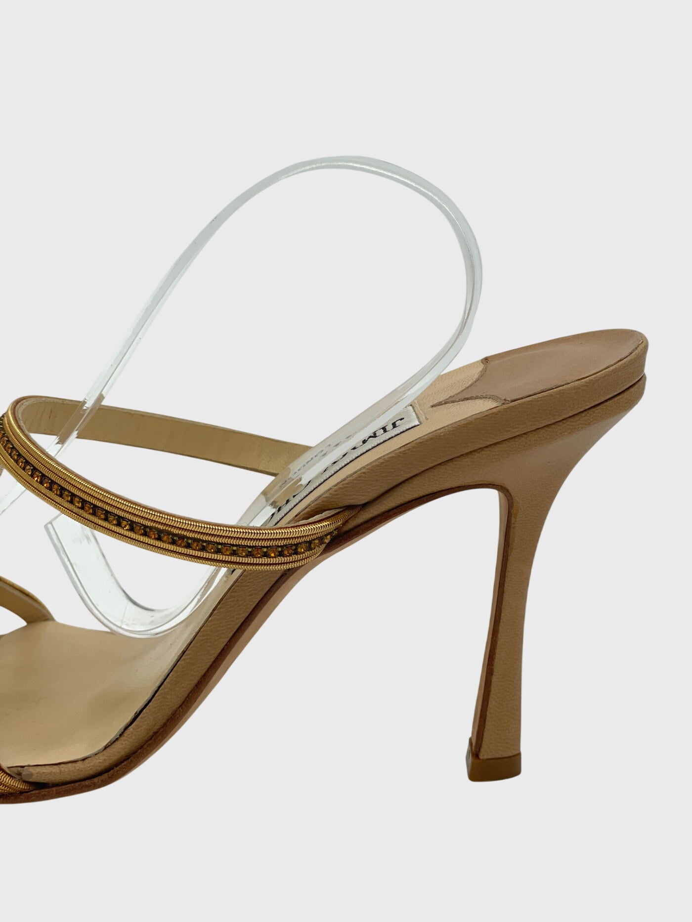Jimmy Choo Gold Fringe Strappy Sandale mit Absatz EU 35.5 Beige
