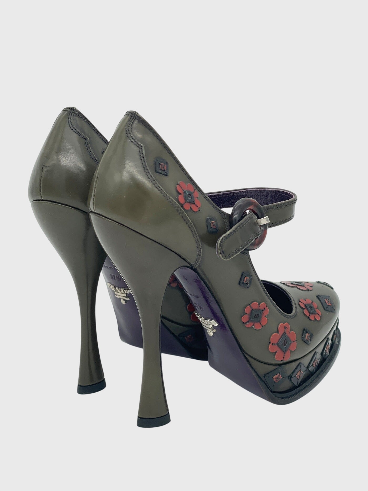 Prada Mary Jane Flower Appliqué Plateau Pump EU 37.5 Grün