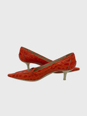 Sergio Rossi Croc-Embossed Pointed Toe Kitten Heel EU 38 Orange