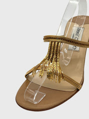 Jimmy Choo Gold Fringe Strappy Sandale mit Absatz EU 35.5 Beige