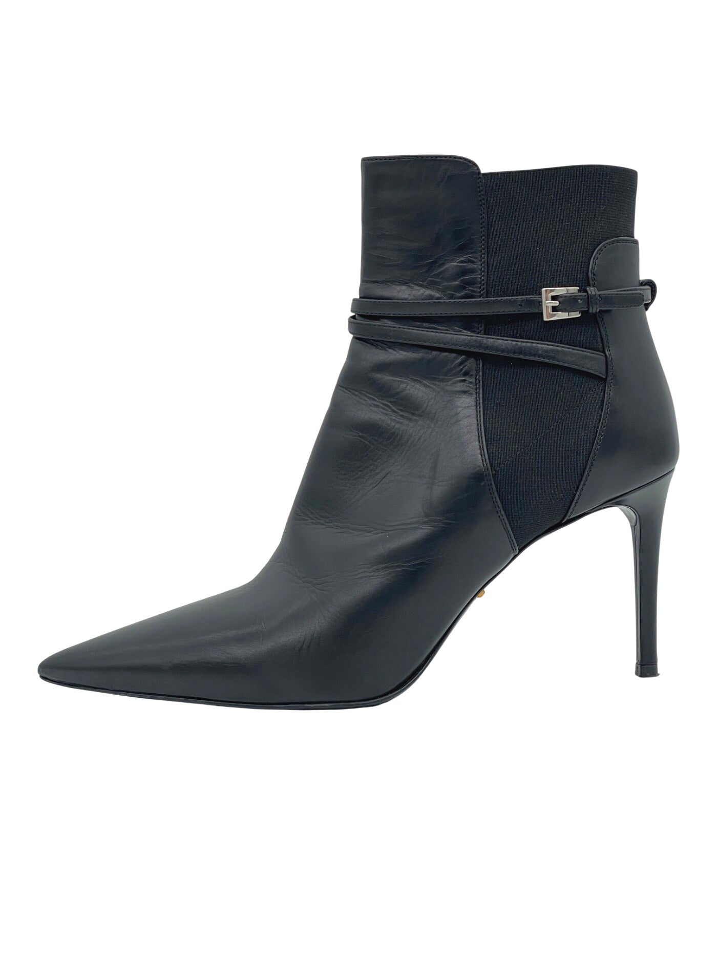 Prada Pointed Toe Buckle Strap Ankle Boot EU 39.5 Schwarz