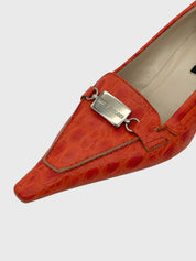 Sergio Rossi Croc-Embossed Pointed Toe Kitten Heel EU 38 Orange