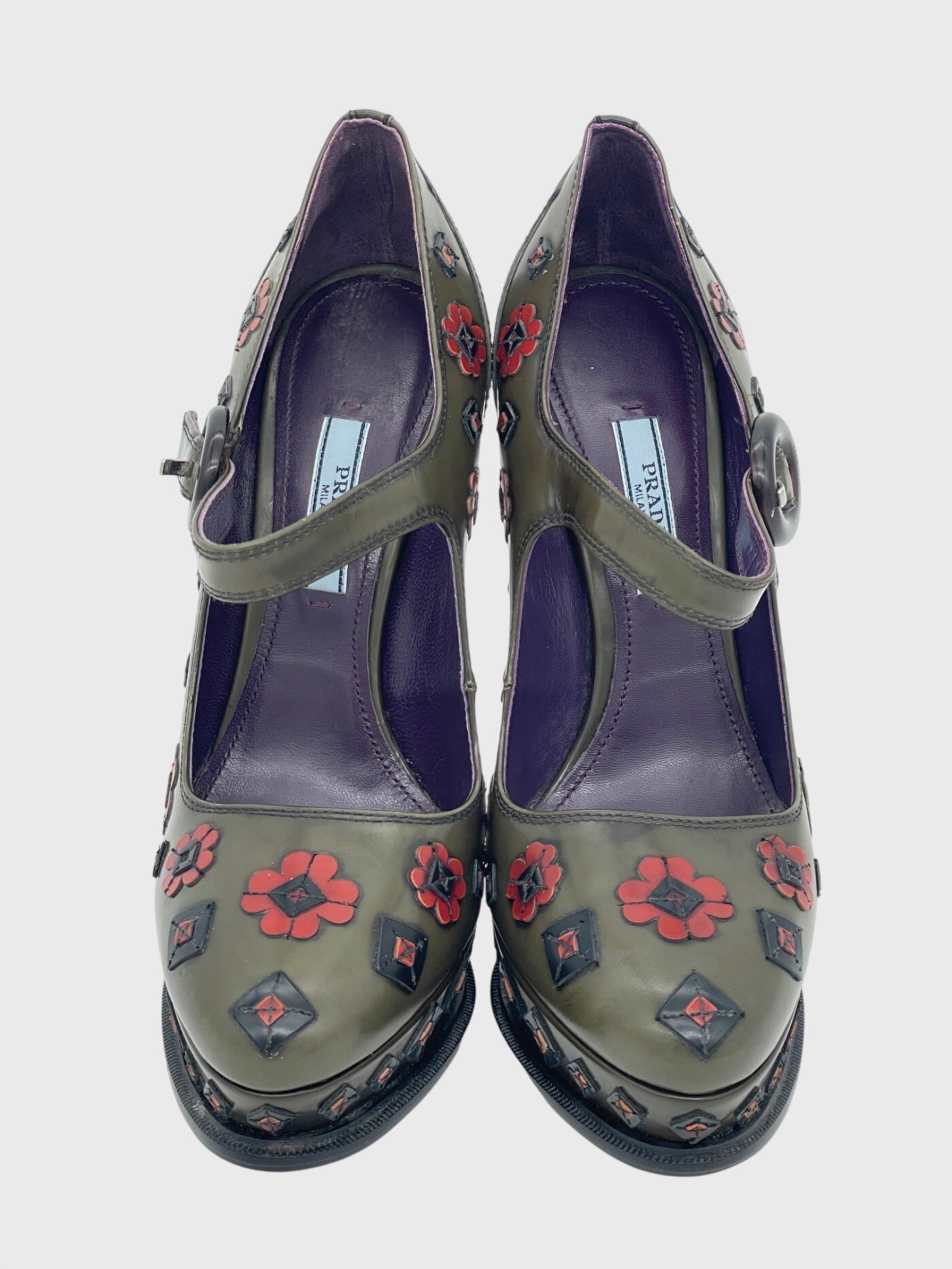 Prada Mary Jane Flower Appliqué Plateau Pump EU 37.5 Grün