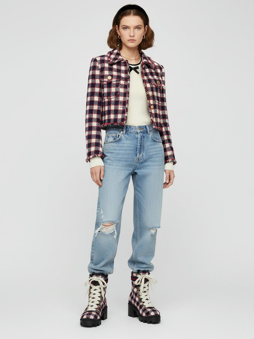 Gucci Tweed Check Lace-Up Combat Ankle Boot EU 41.5 Mehrfarbig