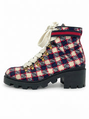 Gucci Tweed Check Lace-Up Combat Ankle Boot EU 41.5 Mehrfarbig