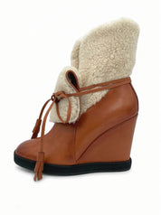 Santoni Shearling Wedge Ankle Boot EU 37 Braun