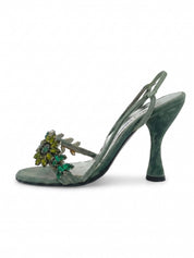 Dolce & Gabbana Crystal Flower Velvet Sandale mit Absatz EU 36 Grün