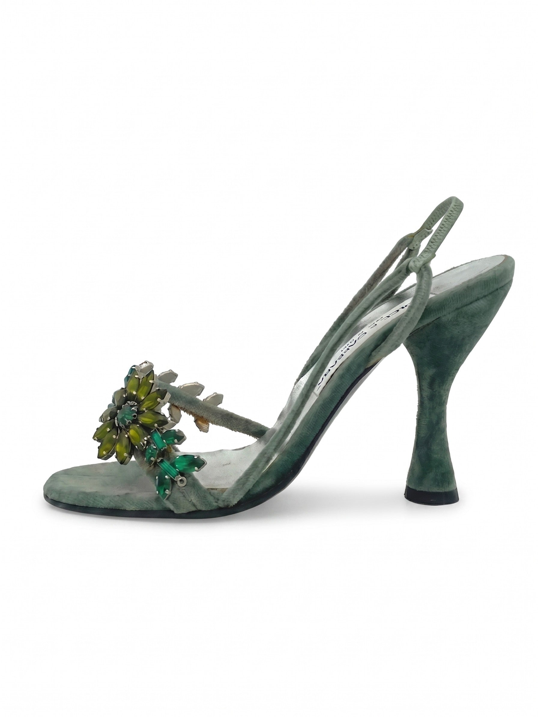 Dolce & Gabbana Crystal Flower Velvet Sandale mit Absatz EU 36 Grün
