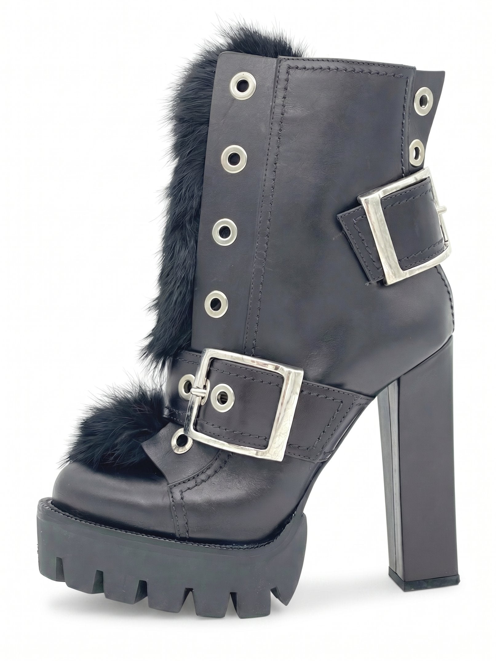 Alexander McQueen Fur-Trimmed Buckle Platform Ankle Boot EU 38 Schwarz