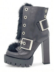 Alexander McQueen Fur-Trimmed Buckle Platform Ankle Boot EU 38 Schwarz