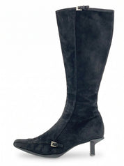 Prada Suede Buckle Kitten Heel Stiefel EU 36.5 Schwarz